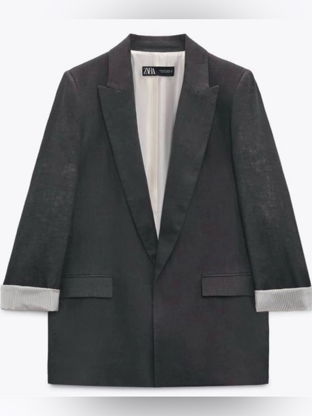 Zara - women’s 100% linen blazer printed sleeves grey open front jacket size M - Picture 3 of 10